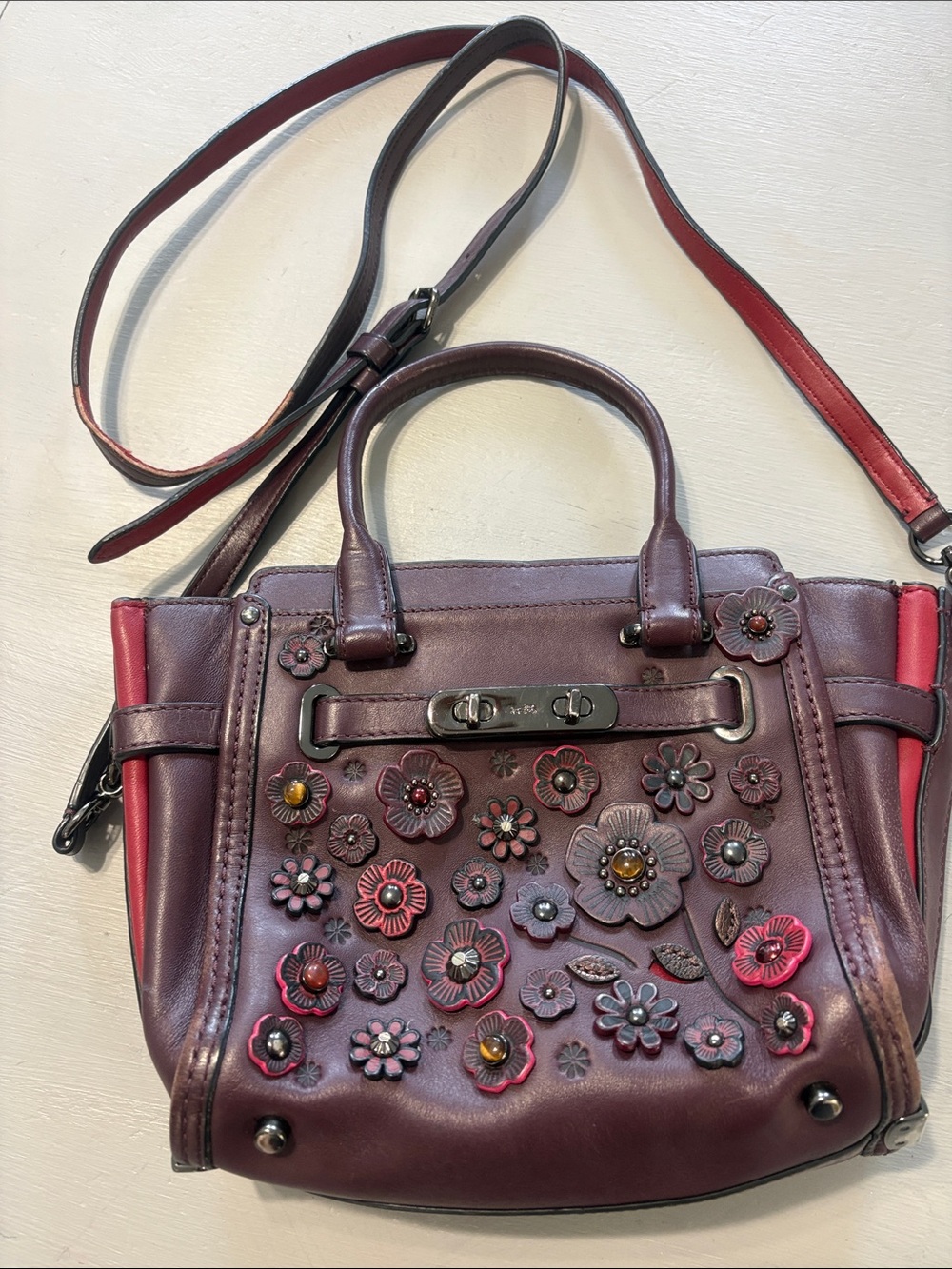 Coach Women's Floral Appliqué Leather Satchel in Burgundy and Red